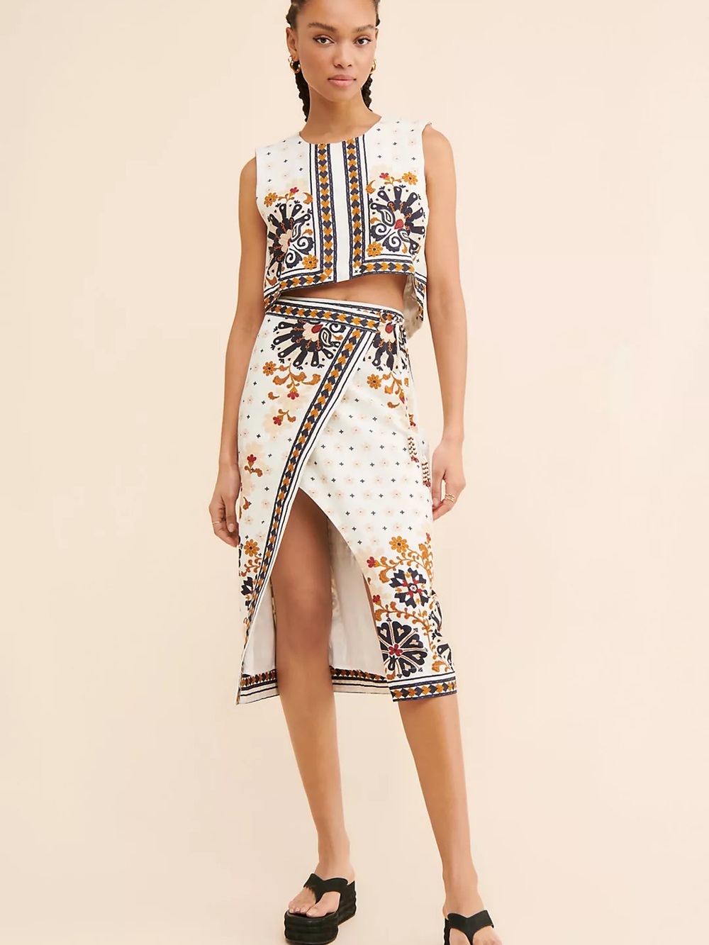 FARM Rio White Midi Wrap Skirt with Navy & Mustard Tile Print